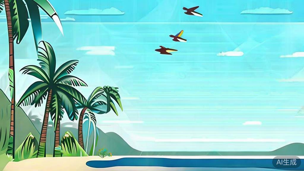 Flat vector illustration of natural landscape with birds and palm trees, dashboard style, soft blue gradient