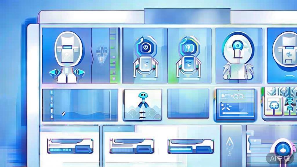 Flat vector illustration of AI in various industry applications, dashboard style, soft blue gradient