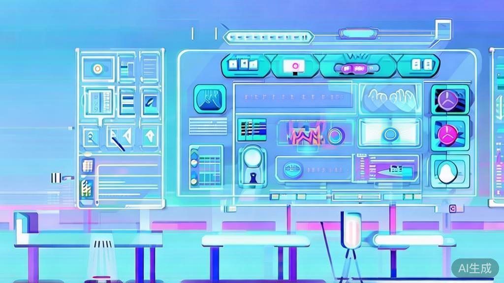 Flat vector illustration of AI future scenarios in various industries, dashboard style, soft blue gradient