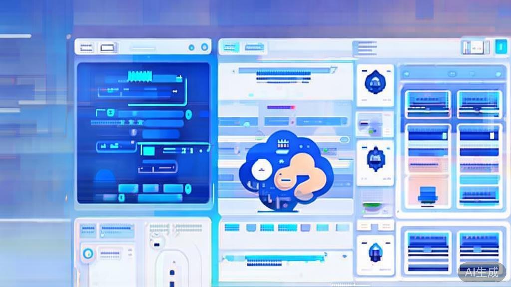 Flat vector illustration of AI graphics creation, dashboard style, soft blue gradient