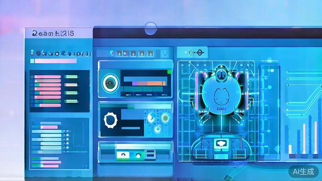 Flat vector illustration of artificial intelligence software, dashboard style, soft blue gradient
