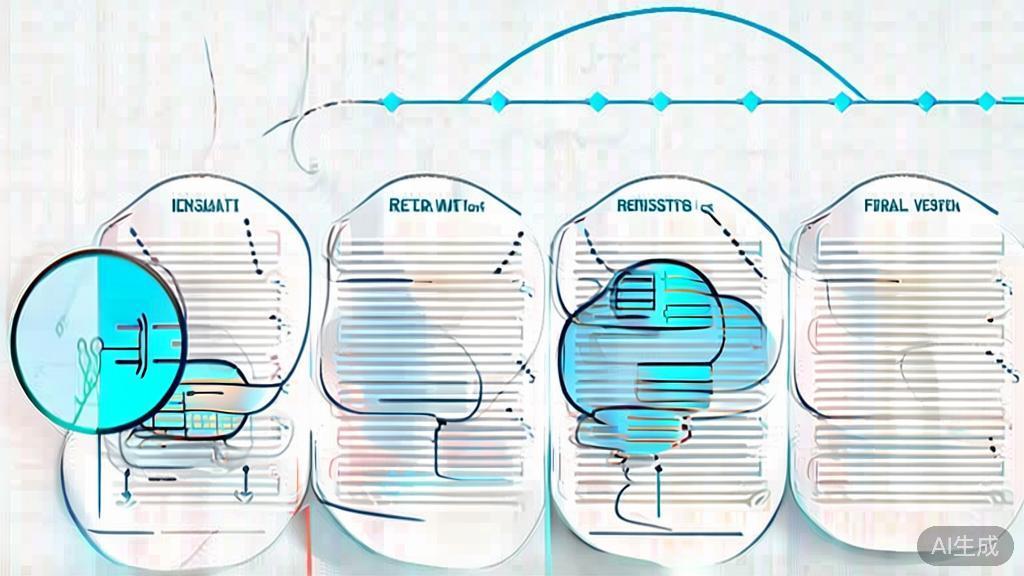 Flat vector illustration of iterative writing process, including revisions and improvements, soft blue gradient