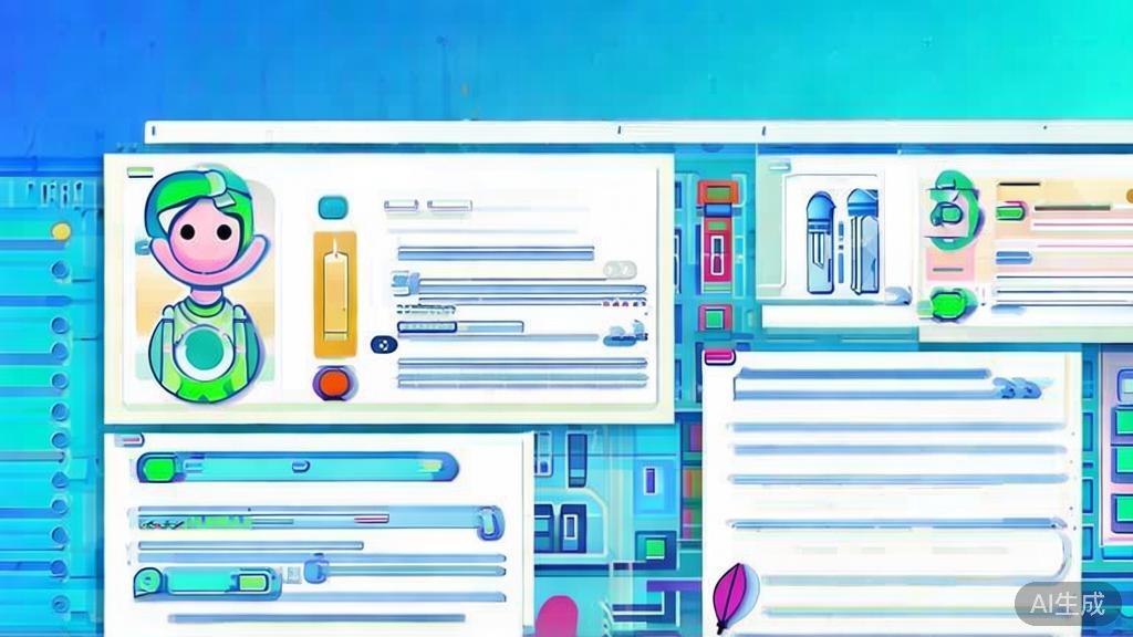 Flat vector illustration of collaborative writing between AI and authors, dashboard style, soft blue gradient