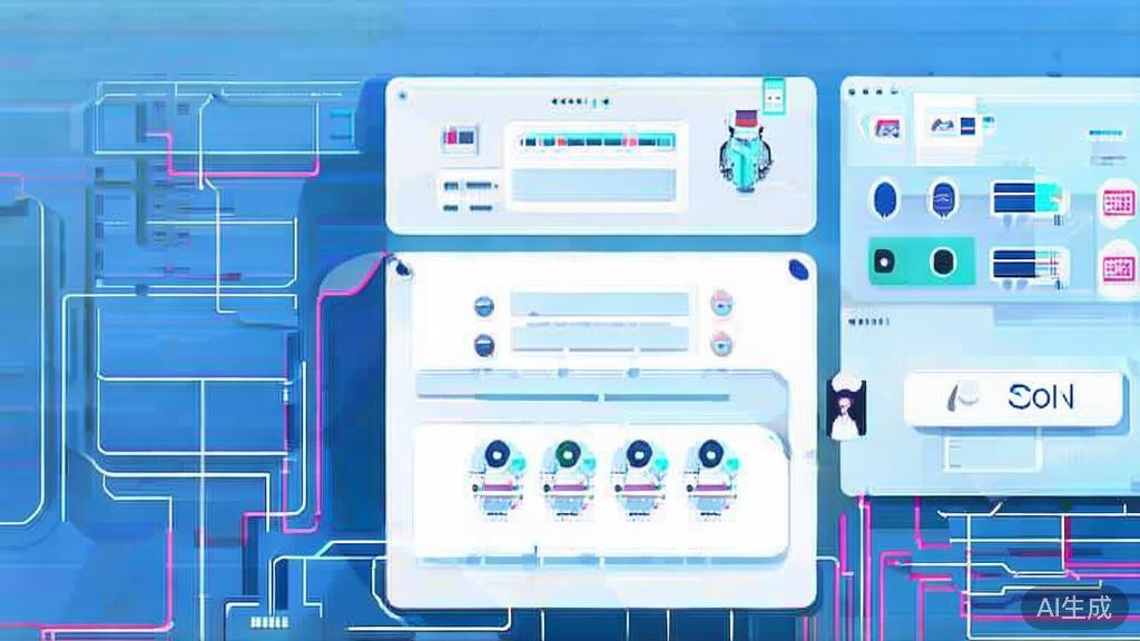 Flat vector illustration of AI intelligent customer service system, dashboard style, soft blue gradient