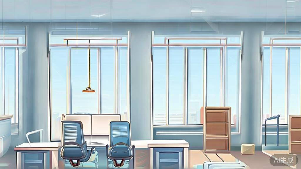 Flat vector illustration of an office space design, soft blue gradient