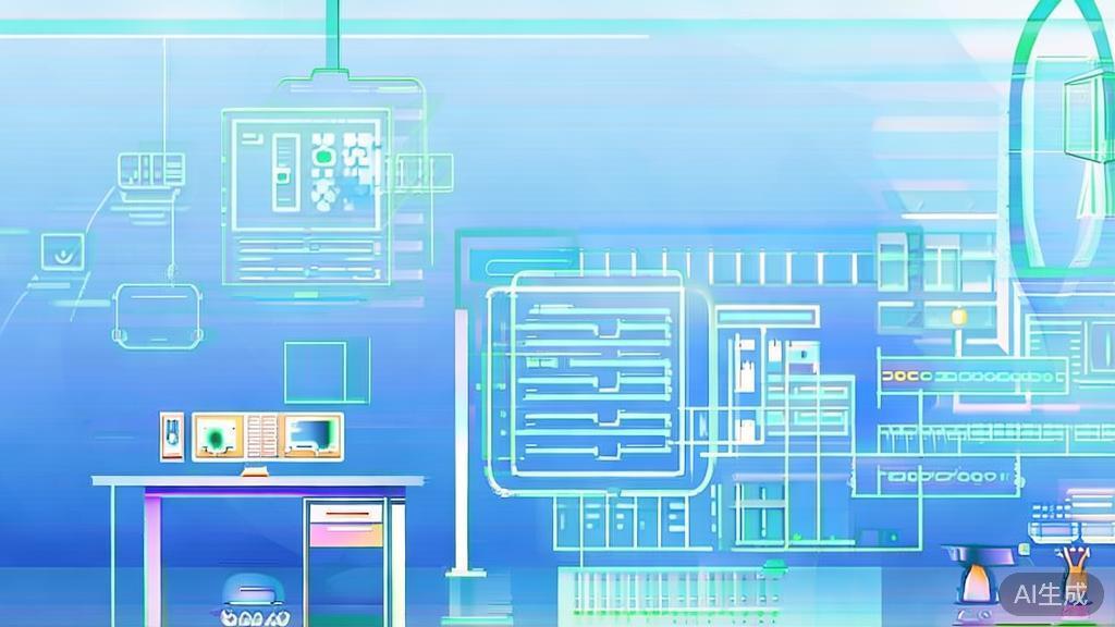 Flat vector illustration of modern technology in creative industry, highlighting AI and VR applications in design process, soft blue gradient
