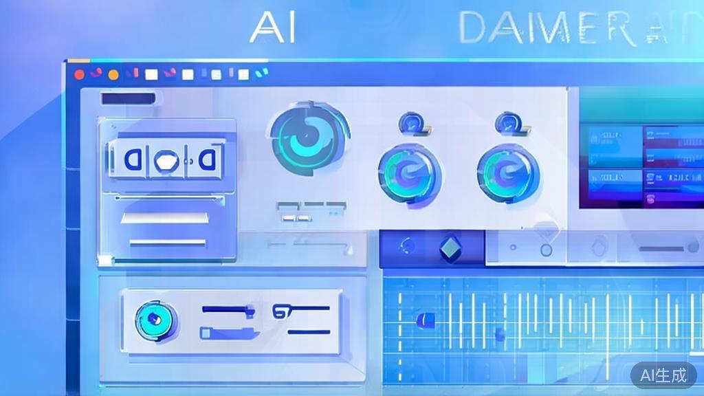 Flat vector illustration of AI editing tools for videos, dashboard style, soft blue gradient