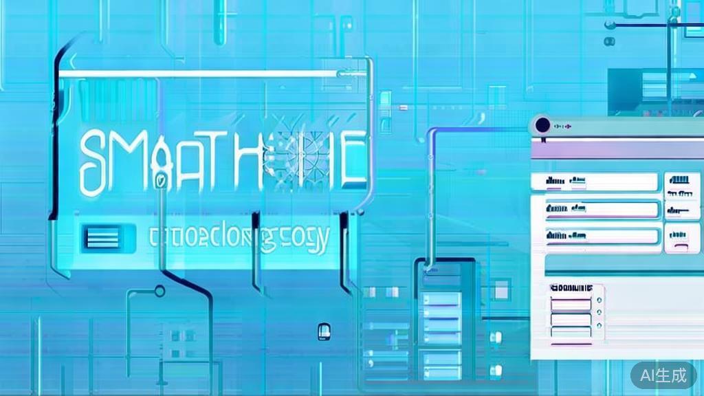 Flat vector illustration of smart home technology, dashboard style, soft blue gradient