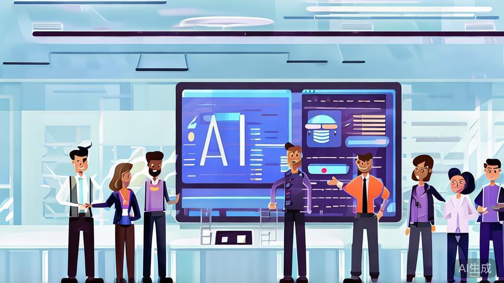 "Flat vector illustration of team collaboration and training in AI adoption, corporate style, high quality"