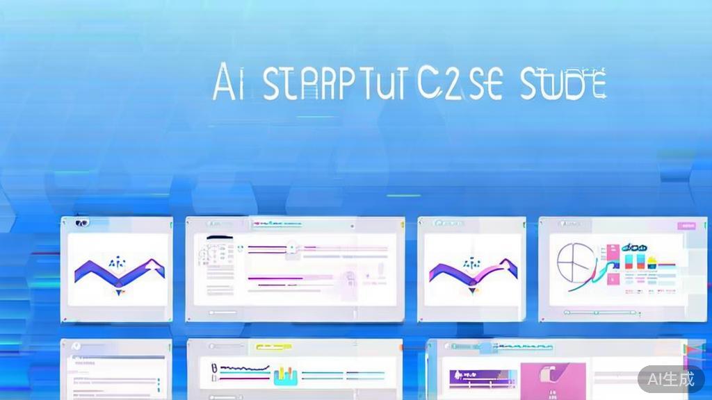 Flat vector illustration of successful AI startup case studies, dashboard style, soft blue gradient