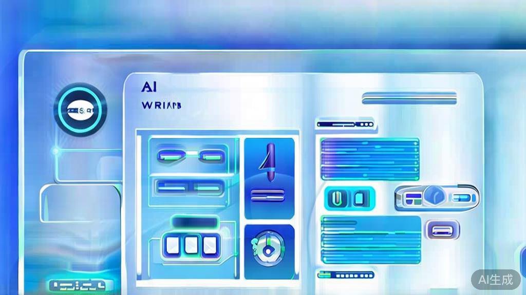 Flat vector illustration of AI writing features, dashboard style, soft blue gradient