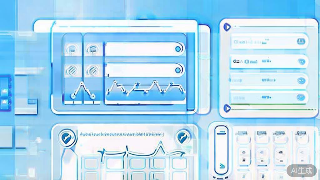 Flat vector illustration of automated customer service system, dashboard style, soft blue gradient
