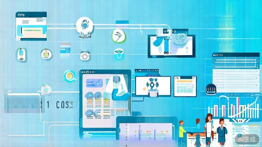 Flat vector illustration of AI applications in business, soft blue gradient