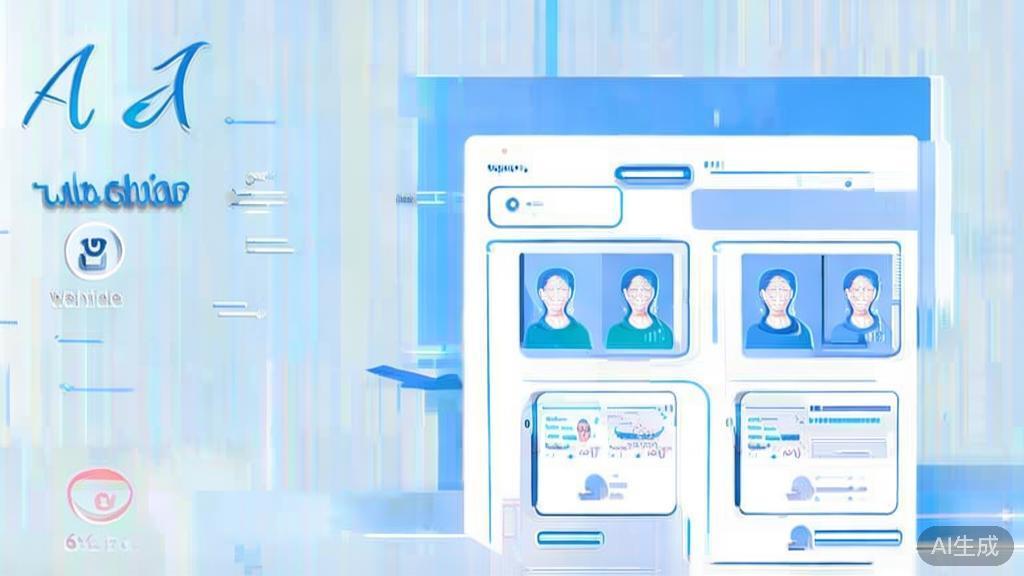 Flat vector illustration of AI换脸技术应用 in different sectors, dashboard style, soft blue gradient