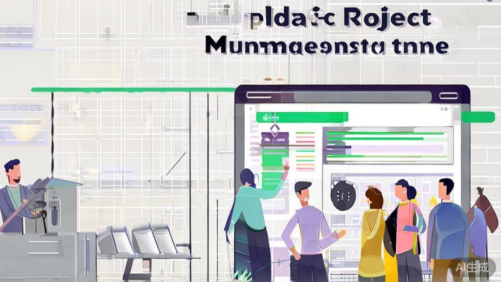 "High-quality business illustration showing a team collaborating over AI project management software, minimal flat design"