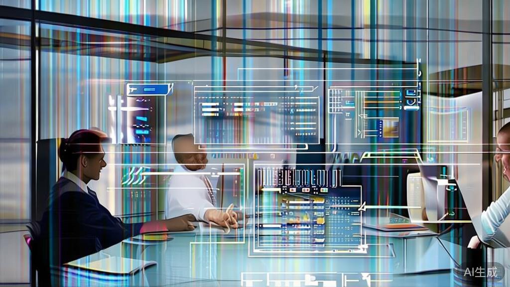 "Business team collaborating with AI tools in project management, corporate style"
