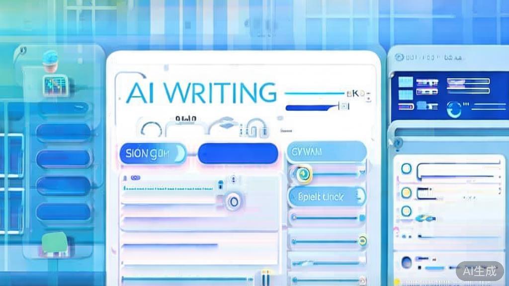 Flat vector illustration of AI writing process, dashboard style, soft blue gradient