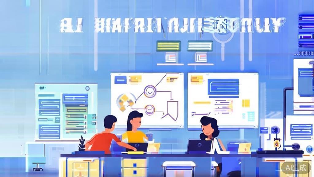 "Flat vector illustration of diverse startup team collaborating on AI project, soft blue gradient"