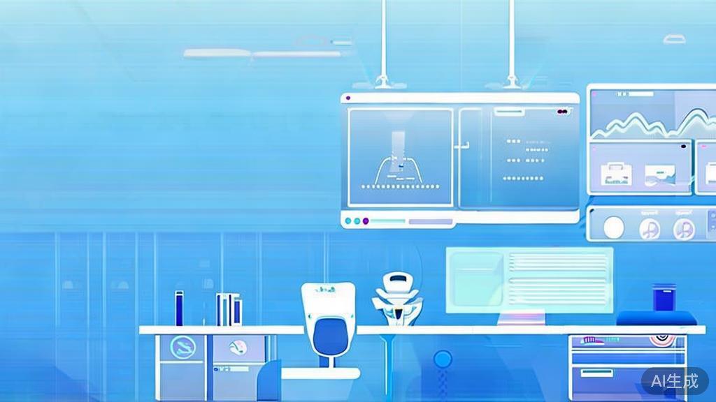 Flat vector illustration of a workspace with AI tools represented, soft blue gradient