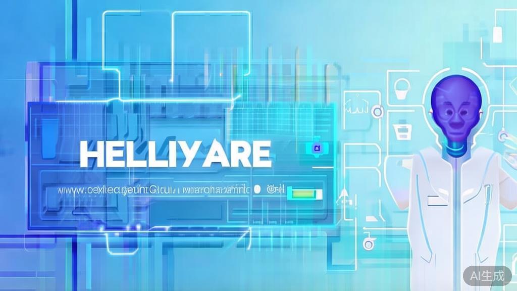 Flat vector illustration of AI in healthcare management, soft blue gradient