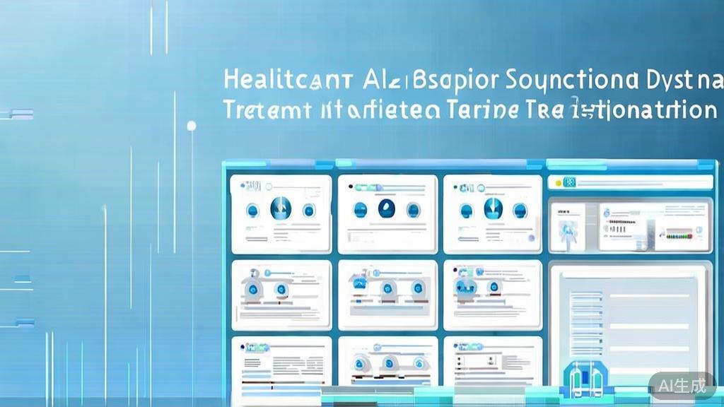 Flat vector illustration of healthcare AI decision support system, dashboard style, soft blue gradient