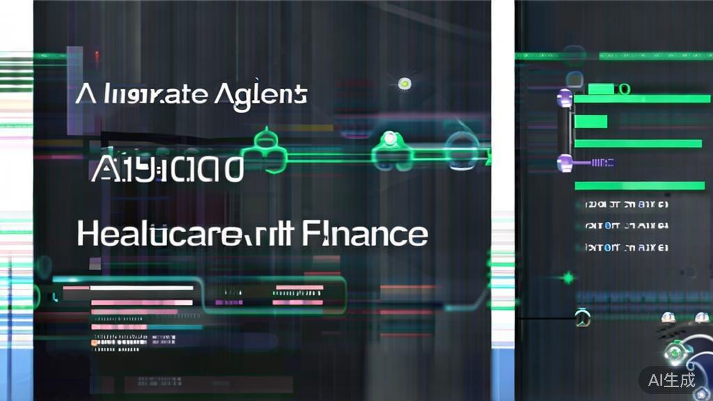 High-quality business illustration regarding AI agents in healthcare and finance, minimal flat design