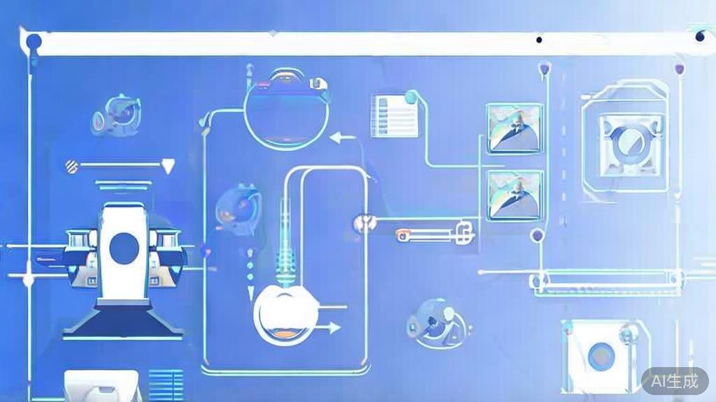 Flat vector illustration of automated processes and human collaboration with AI, dashboard style, soft blue gradient