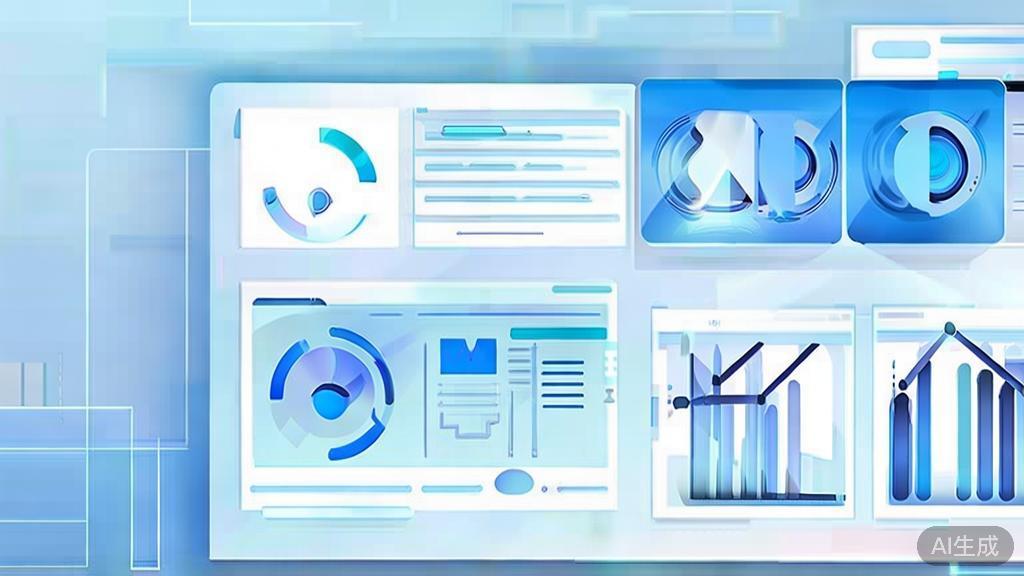 Flat vector illustration of AI tools in business management, dashboard style, soft blue gradient