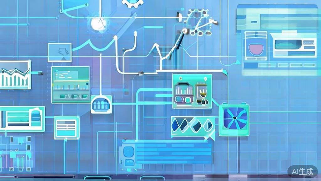 Flat vector illustration of automated operations in business, dashboard style, soft blue gradient