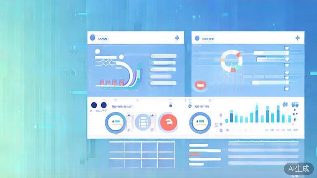 "Flat vector illustration of digital marketing tools, dashboard style, soft blue gradient"