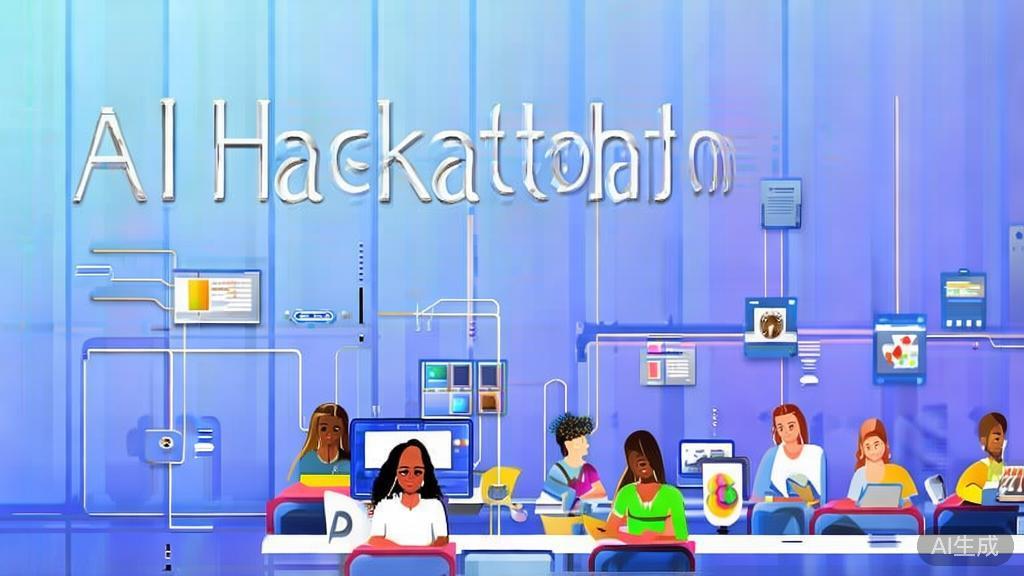 Flat vector illustration of students participating in an AI hackathon, dashboard style, soft blue gradient