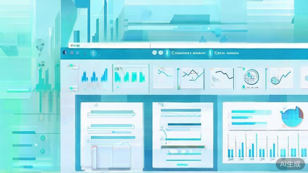 "Flat vector illustration of automated financial management system, dashboard style, soft blue gradient"