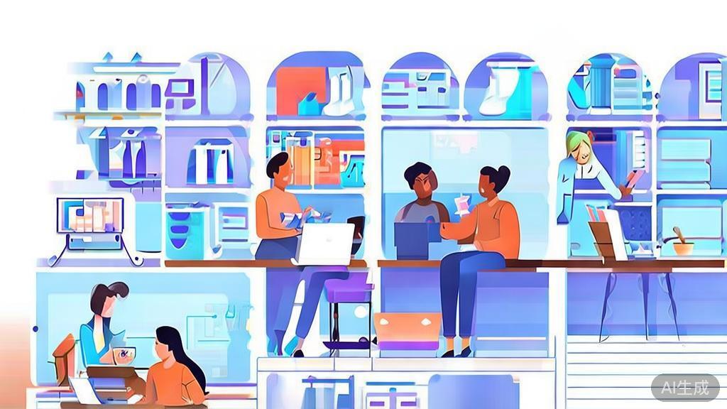 "Flat vector illustration of university students engaging in various types of entrepreneurial projects, dashboard style, soft blue gradient"