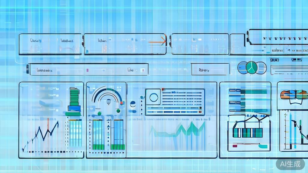 Flat vector illustration of data-driven decision-making in AI startups, dashboard style, soft blue gradient