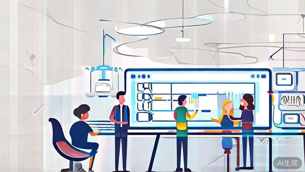 High-quality business illustration of team collaboration using AI tools for project management, minimal flat design