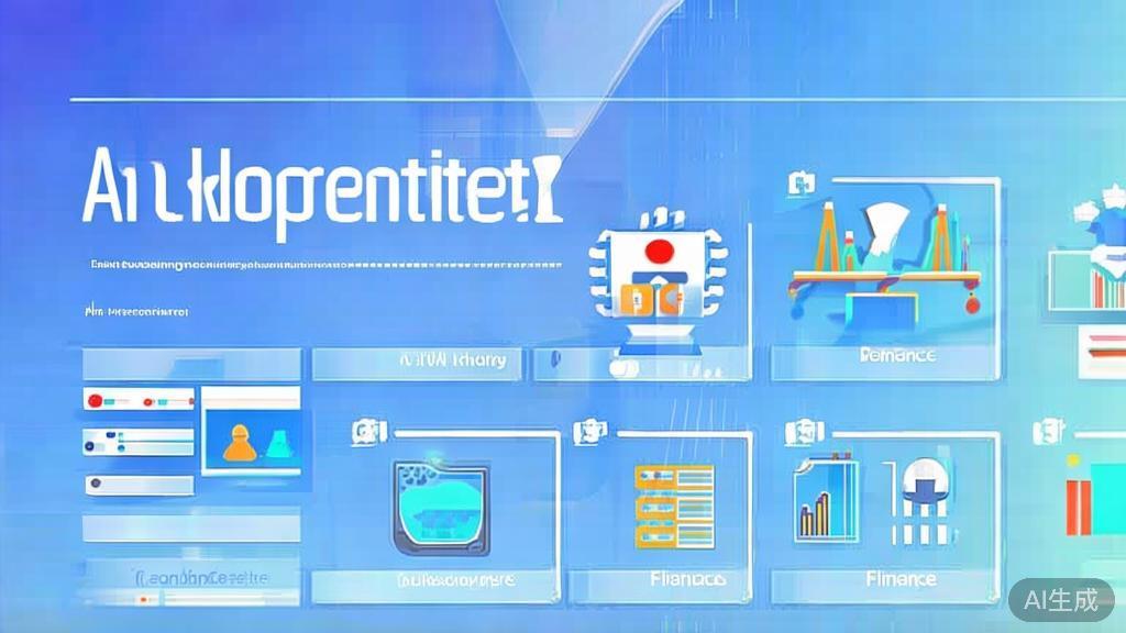 Flat vector illustration of AI opportunities in various industries, dashboard style, soft blue gradient