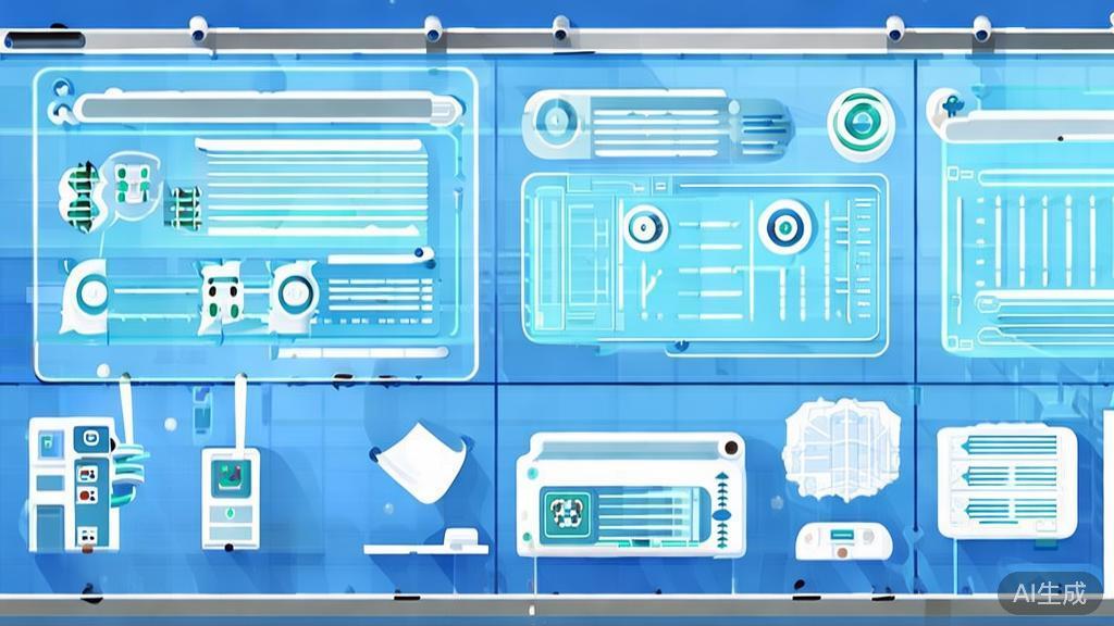 Flat vector illustration of AI tools improving operational efficiency in a startup, dashboard style, soft blue gradient