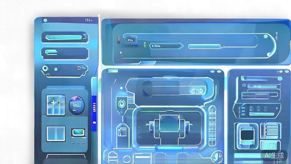 "Flat vector illustration of smart home technology, dashboard style, soft blue gradient"