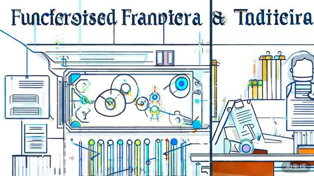 High-quality business illustration comparing AI franchise and traditional entrepreneurship, minimal flat design