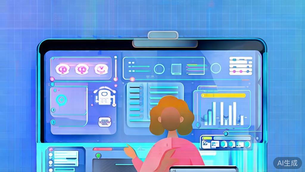 "Flat vector illustration of a person using AI tools for side business, dashboard style, soft blue gradient"