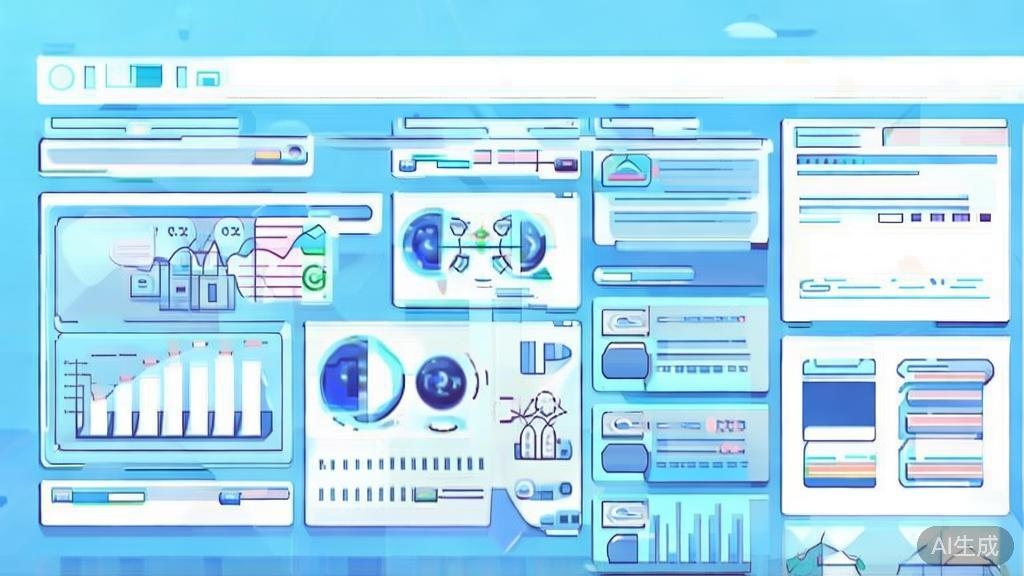 Flat vector illustration of AI in marketing strategies, dashboard style, soft blue gradient
