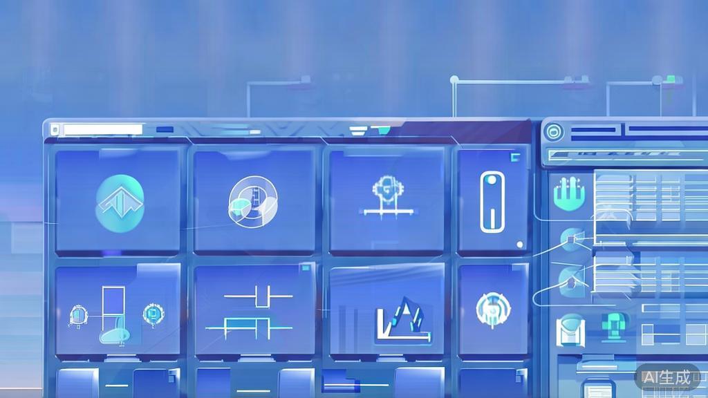 Flat vector illustration of AI tools, dashboard style, soft blue gradient