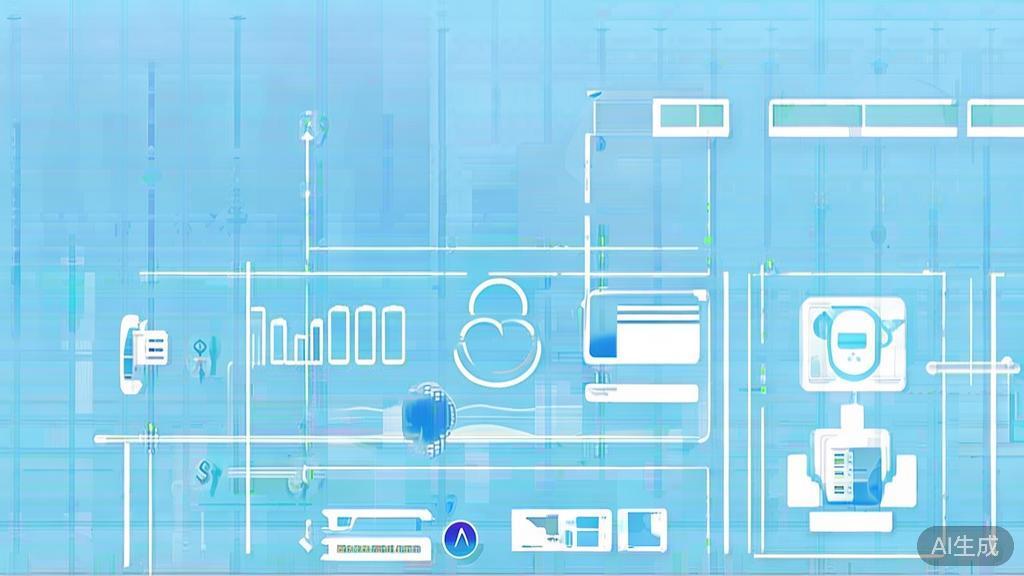 Flat vector illustration of AI in manufacturing, dashboard style, soft blue gradient