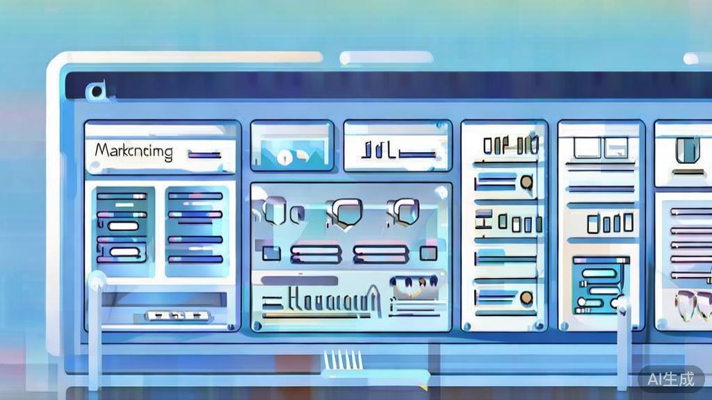Flat vector illustration of marketing and customer service tools, dashboard style, soft blue gradient
