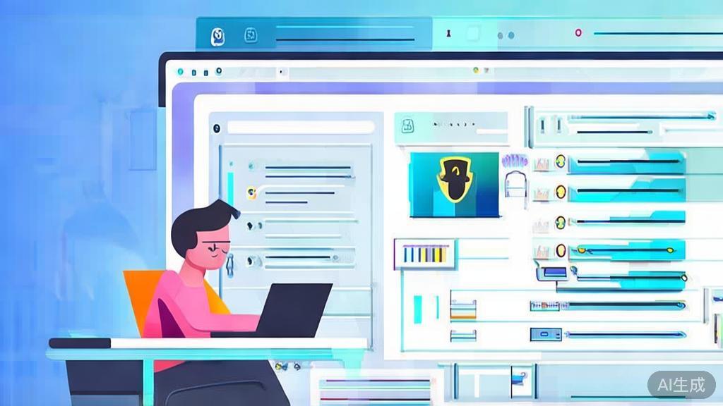 Flat vector illustration of a student developing an AI-based product recommendation application, soft blue gradient