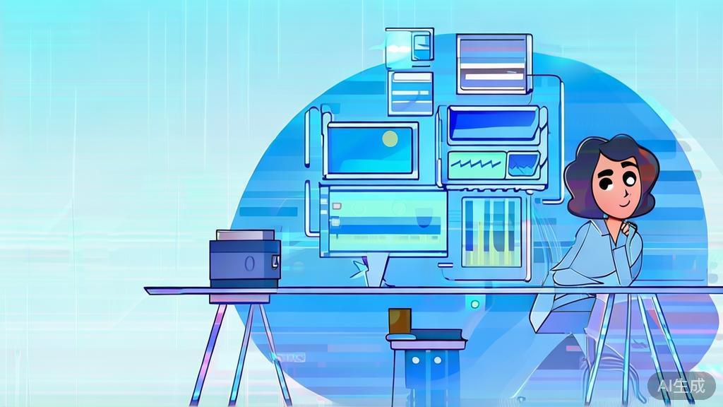 Flat vector illustration of a freelancer using AI for content creation, dashboard style, soft blue gradient