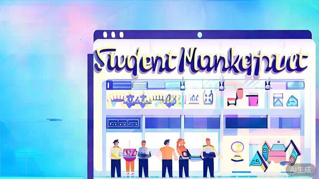Flat vector illustration of student marketplace, dashboard style, soft blue gradient