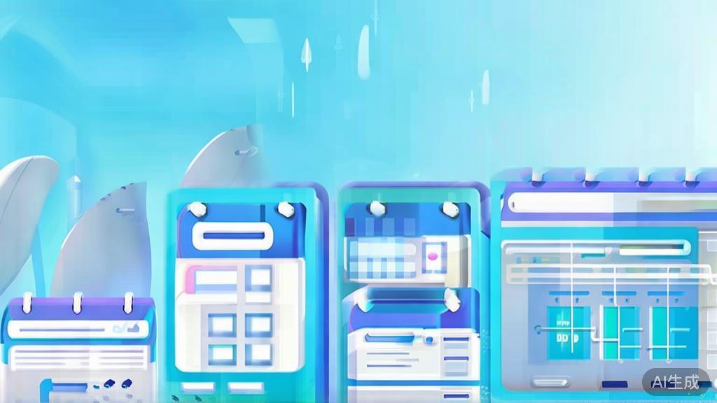 Flat vector illustration showcasing digital tools for project management, soft blue gradient