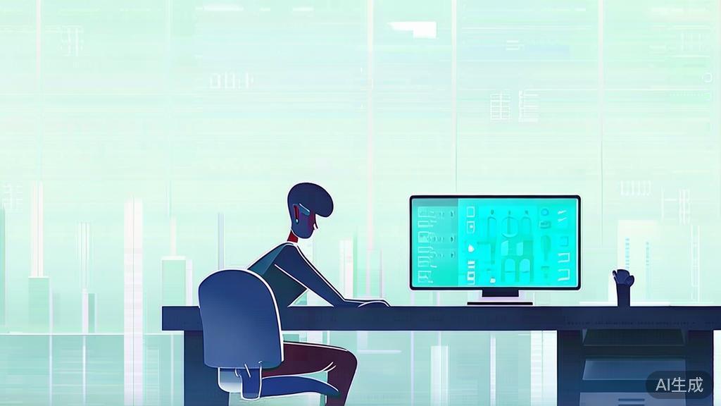 High-quality minimalist illustration of a solo business owner engaging with technology, dashboard style, soft blue gradient