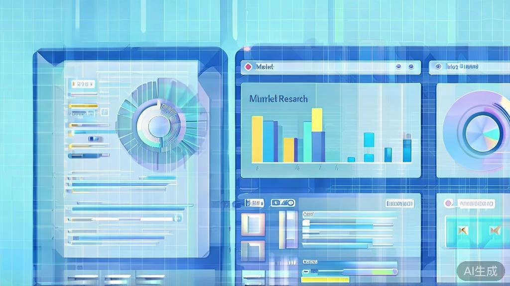 Flat vector illustration of market research analysis, dashboard style, soft blue gradient